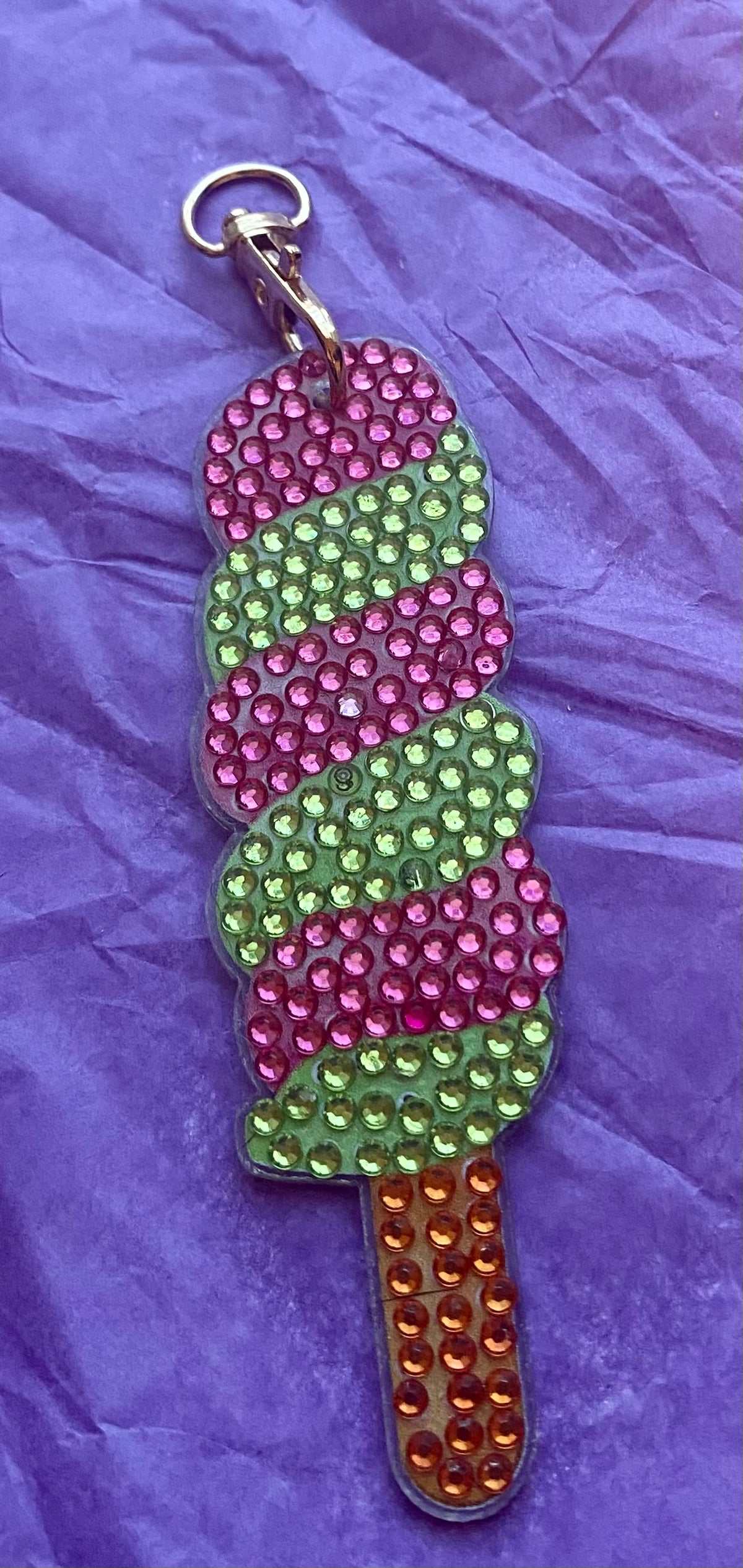 Pink & Green Swirl Ice Cream Pop Diamond Art Keychain