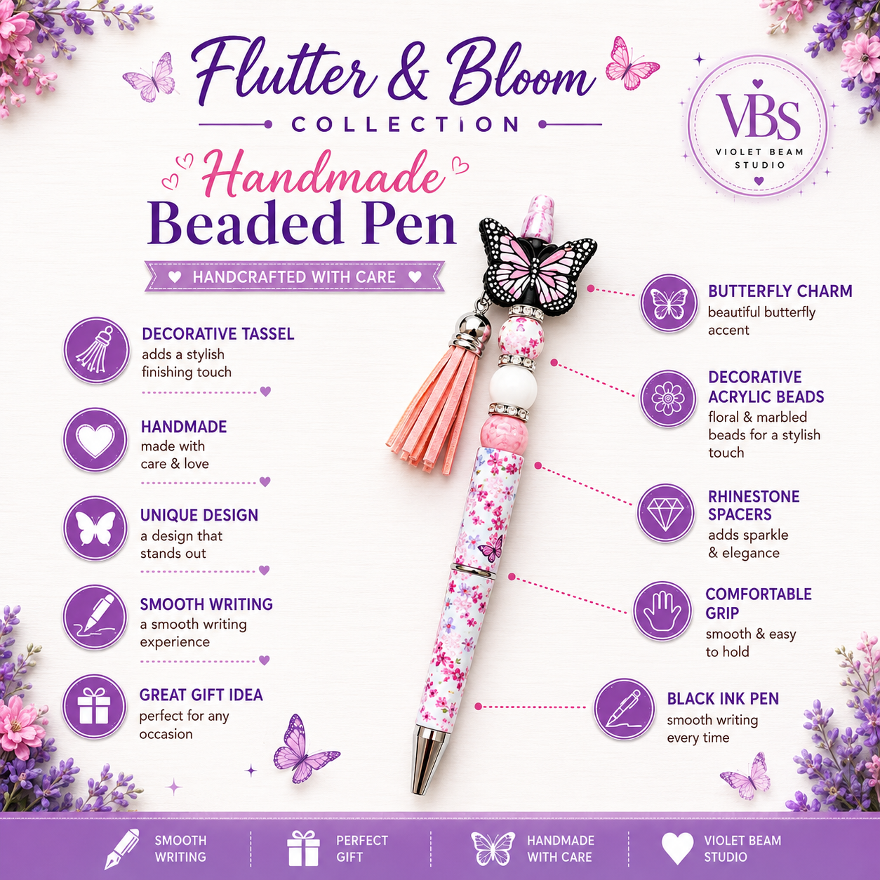 Butterfly Bliss Handmade Beaded Floral Pen