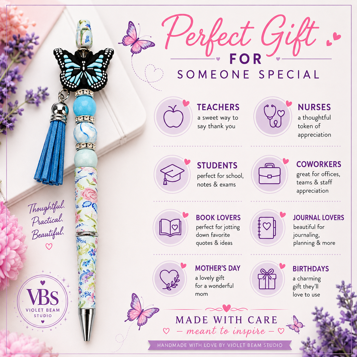 Butterfly Meadow Handmade Beaded Floral Pen