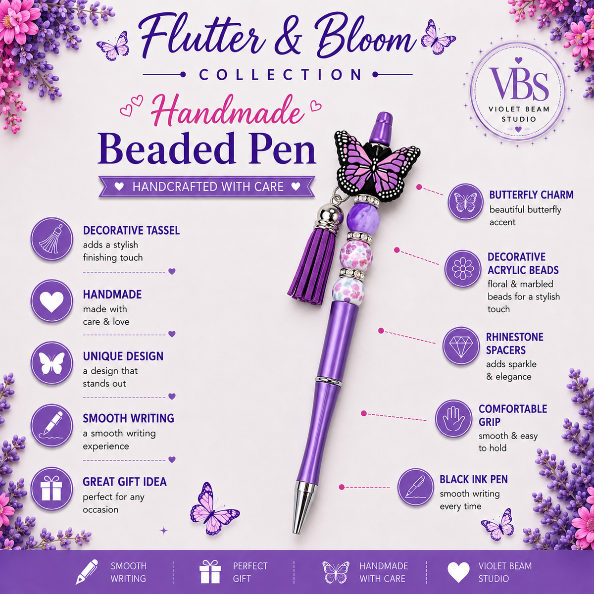 Lavender Wings Handmade Beaded Pen