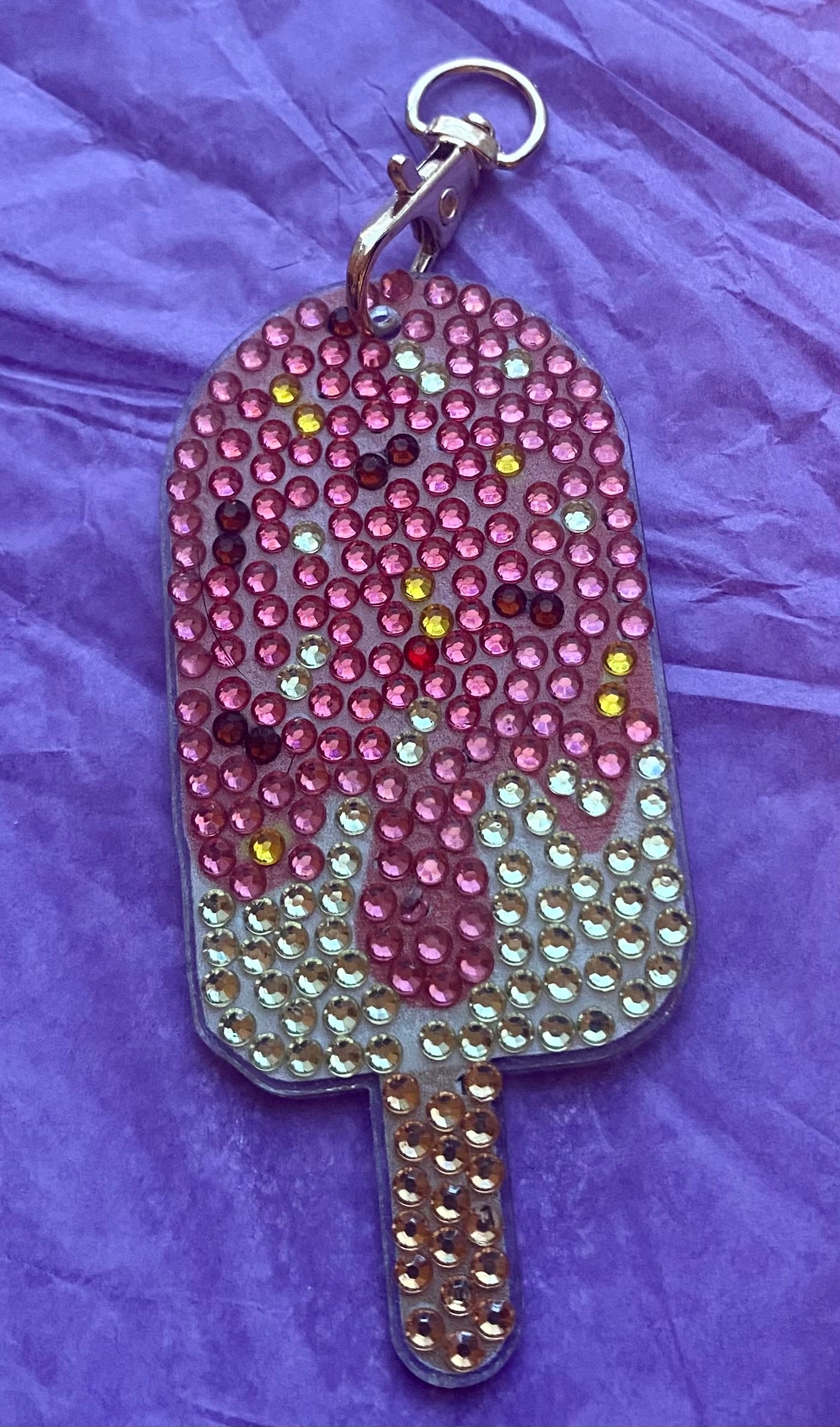 Pink Sprinkle Popsicle Diamond Art Keychain