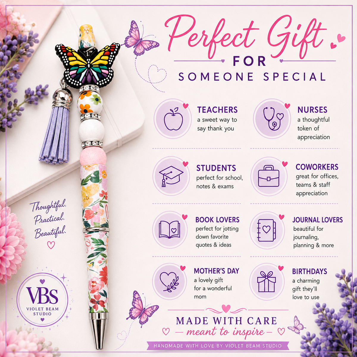 Butterfly Garden Handmade Beaded Floral Pen