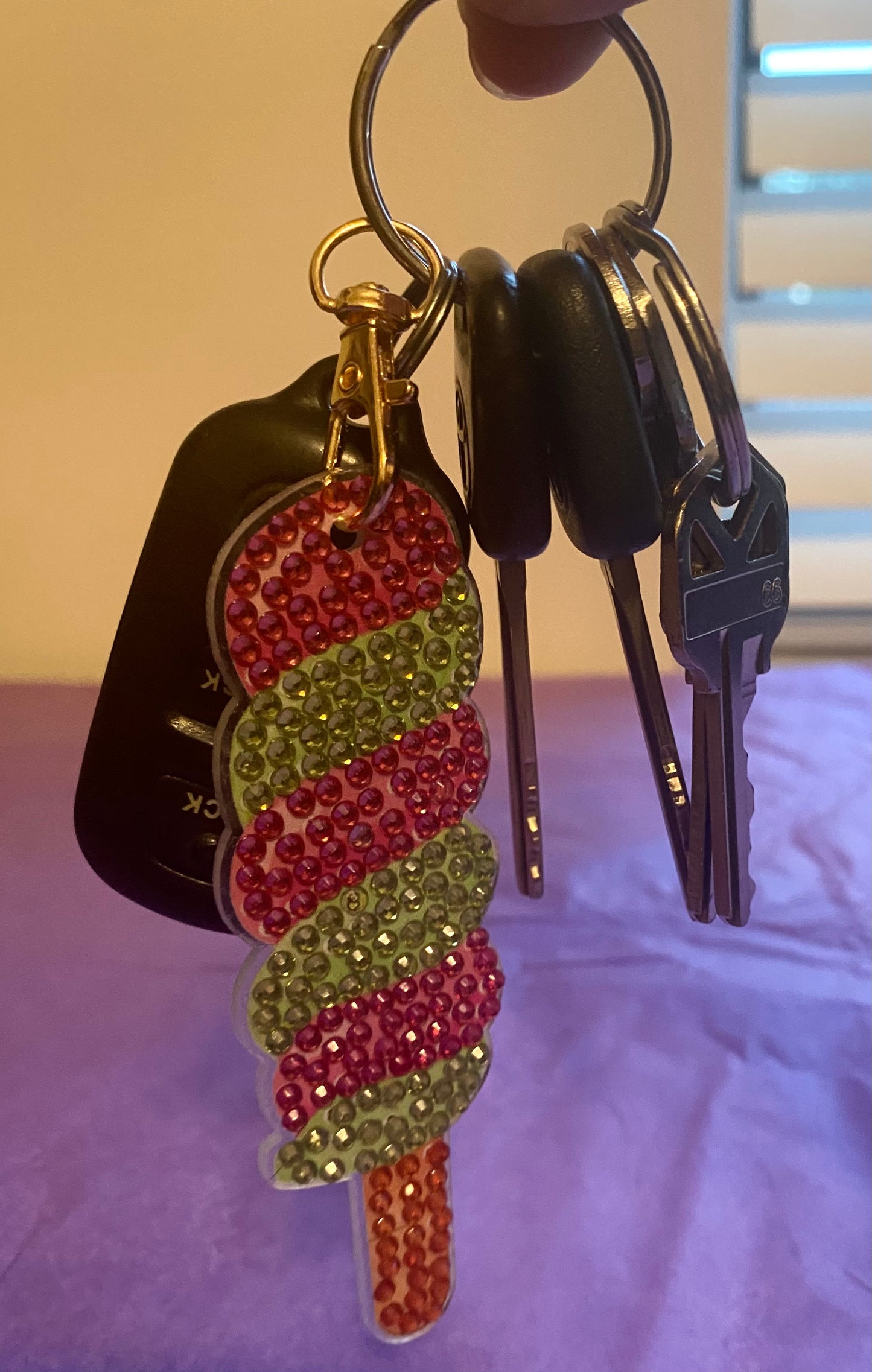 Pink & Green Swirl Ice Cream Pop Diamond Art Keychain