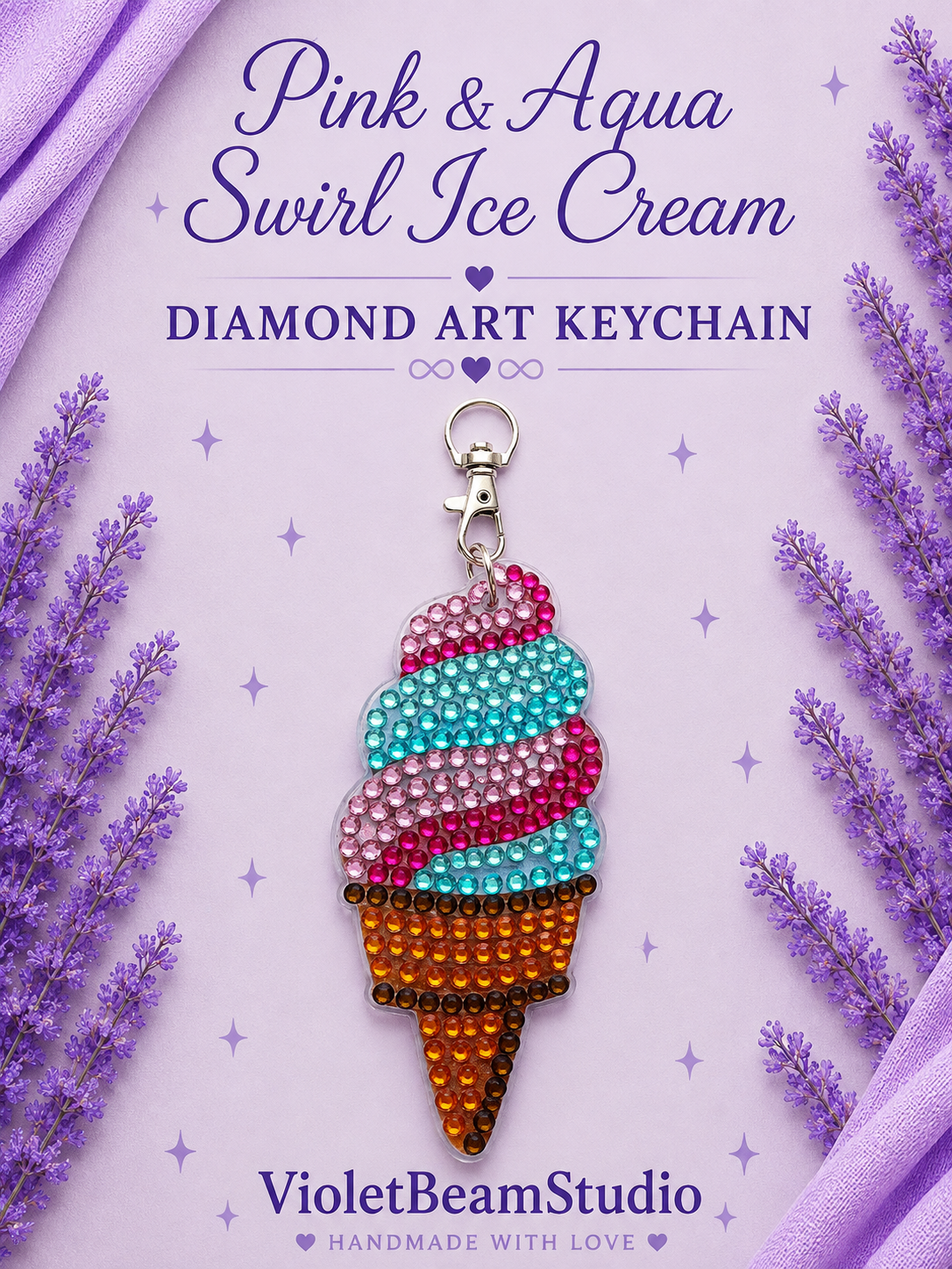 Pink & Aqua Swirl Ice Cream Diamond Art Keychain