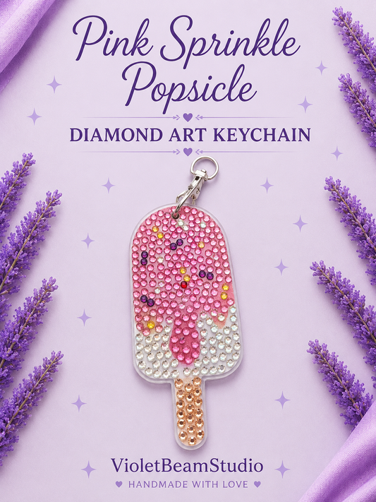 Pink Sprinkle Popsicle Diamond Art Keychain