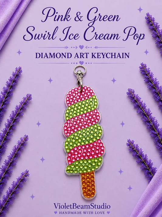Pink & Green Swirl Ice Cream Pop Diamond Art Keychain