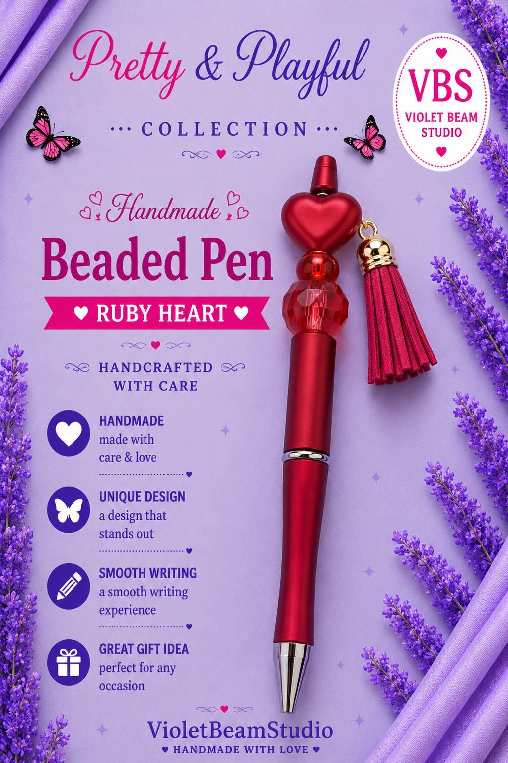 Ruby Heart Beaded Pen